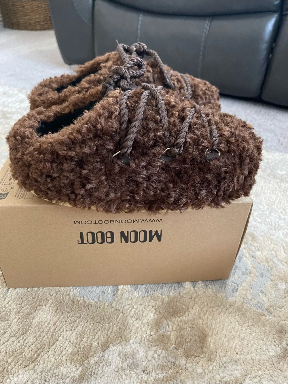 Moon Boot Kids Brown Faux-Shearling Cozy Slippers